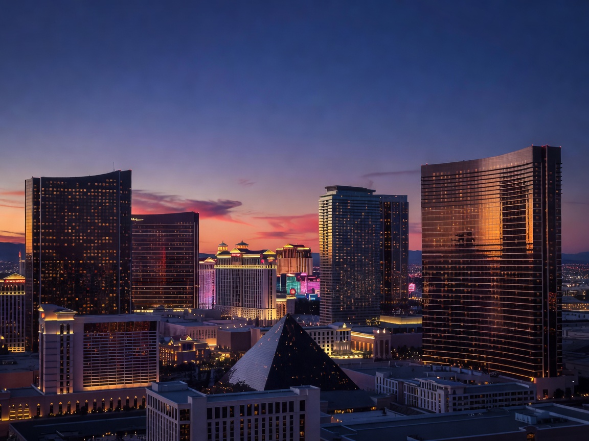 Hotel towers along the Las Vegas Strip at dusk
